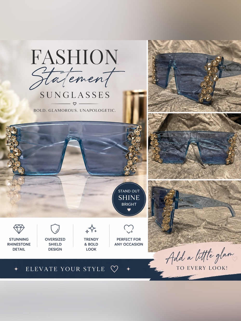 Blue Crystal-Embellished Oversized Shield Sunglasses